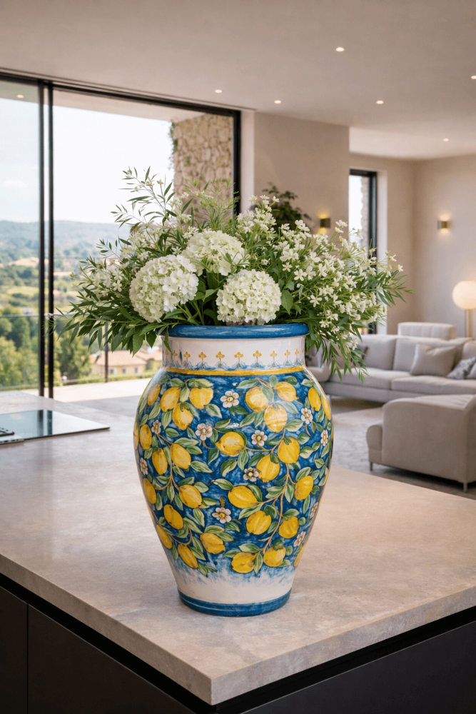 Vase sicilienne colorée aux citrons – vase décoratif en céramique artisanale pour jardin et terrasse